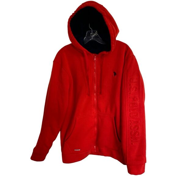 U.S. POLO ASSN. Men Red Long Sleeve Hooded Zip Sweatshirt Lined fur Size L - Picture 1 of 14